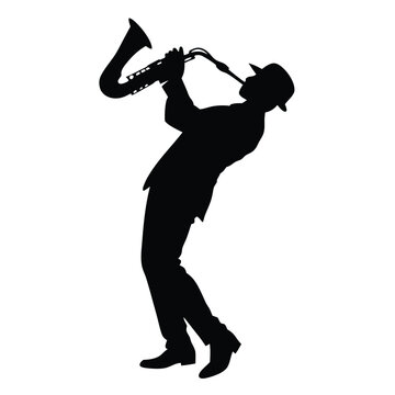 recommend clip art: a musician playing saxophone music instrument. vector silhouette, black color silhouette 