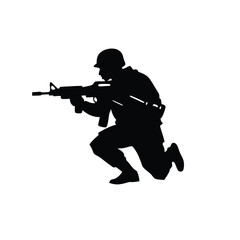 A soldier with a black assault rifle on a white background. isolated white background