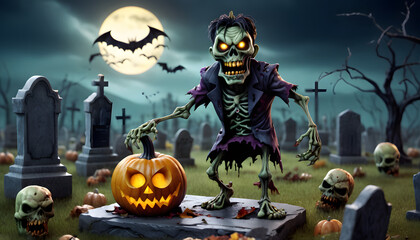 A cartoonish zombie with glowing eyes stands in a graveyard surrounded by carved pumpkins. The scene is set at night with a full moon and eerie atmosphere, featuring tombstones and a spooky backdrop. 