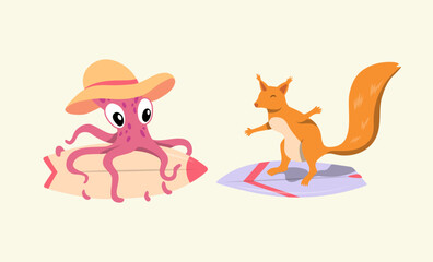 Cartoon Color Characters Animal Octopus and Squirrel Surfers Set Summer Vacation Activity Surfboarding Concept Flat Design Style. Vector illustration
