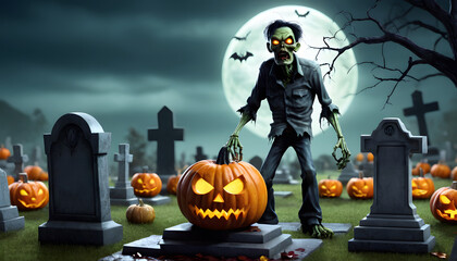 A cartoonish zombie with glowing eyes stands in a graveyard surrounded by carved pumpkins. The scene is set at night with a full moon and eerie atmosphere, featuring tombstones and a spooky backdrop. 