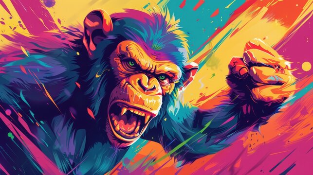A colorful painting of a monkey with a green eye and a red mouth. The monkey is angry and he is biting something