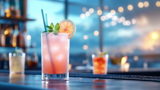 Artistic 3D depiction of colorful cocktails with straws on chic bar counter, creative lighting, vibrant textures.