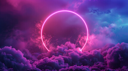 3d render of glowing neon circle on colorful cloud.