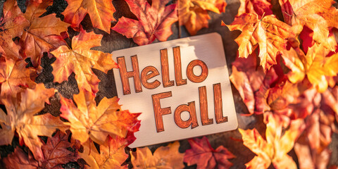 "Hello Fall" sign surrounded by vibrant autumn leaves in warm colors, celebrating the arrival of the fall season.