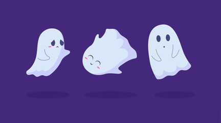 Cartoon Color Kawaii and Sad Characters Ghosts Flying Phantoms Set Halloween Autumn Holiday Concept Flat Design Style. Vector illustration