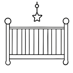 Black and White Baby Crib Outline Illustration, Nursery Concept with Copy Space