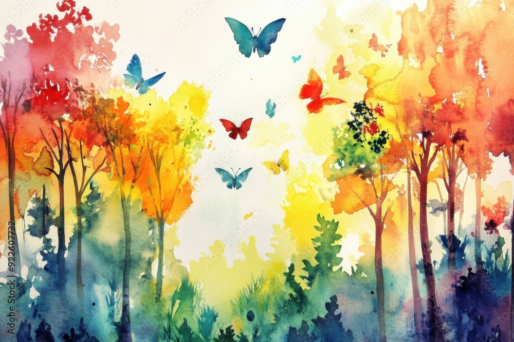 Canvas Prints Vivid watercolor painting of an autumn forest with butterflies. Bright colors evoke a serene and lively atmosphere.