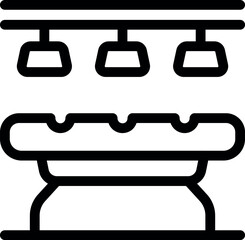 Simple icon of a food industry conveyor belt transporting hot dogs under heating lamps