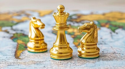 Golden chess pieces on a vintage map, symbolizing strategy, competition, and global connection in board games.