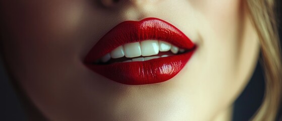 Fototapeta premium Sexy Sensual Red Lip, Mouth Open, White Teeth. Beautiful Blonde Portrait, close-up Big Lips, Bright Lipstick. Magnificent Red Lipstick on the Lips. Beautiful Woman, Gorgeous Lips. Perfect Lips