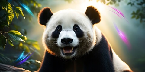 Happy Panda with big eyes In wonderful Forest background With Colorful Ray