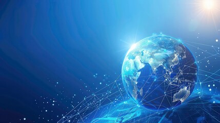 A stylized image of the Earth with a network of lines and dots connecting different points on the globe. The image is set against a bright blue sky with a sun shining in the top right corner.