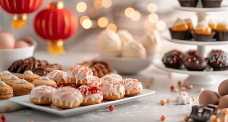 Assorted Holiday Cookies and Treats Served With Tea on a Festive Table