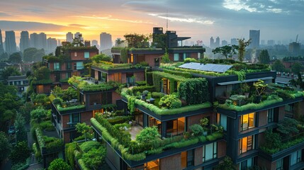 Obraz premium Urban Building with Green Rooftop Gardens at Sunset