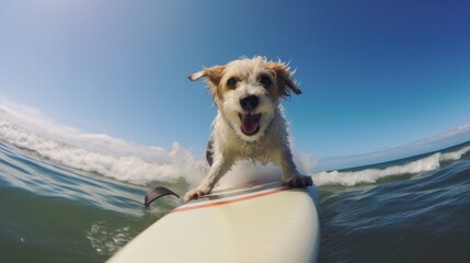 Dog with surfboard in the water at summer. Surfer dog. Dog surfing at sea.