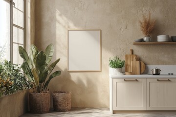 Minimalist Kitchen interior with Poster Mockup created with Generative AI