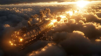 Obraz premium Image of a steampunk airship soars through the clouds at sunset.