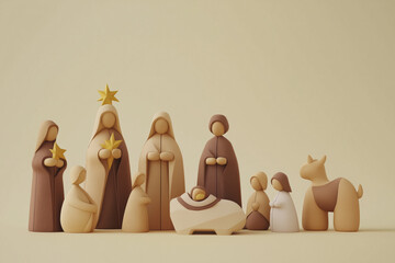 A group of wooden figurines depicting the nativity scene