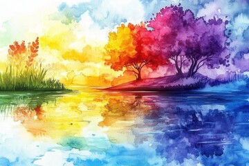 A vibrant watercolor painting depicts a sunset over a lake with trees and reflections.