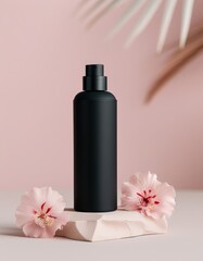 Elegant black spray bottle showcased with soft pink hibiscus flowers on a delicate stone stand against a serene pastel backdrop, embodying beauty and luxury.