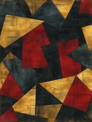 Fototapeta premium Geometric shapes in red, black, and gold overlap and intersect on a textured canvas