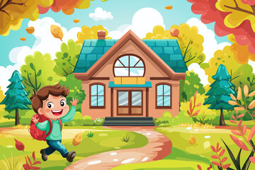 Naklejka premium A boy is running towards a house with a green roof