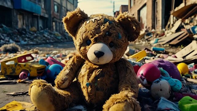 Old and battered soft toys lie on the street. The dump of the abandoned toys