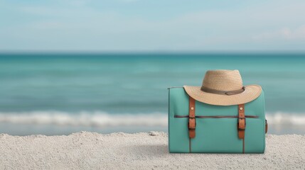 Naklejka premium A blue suitcase with a straw hat on top of it is sitting on the beach