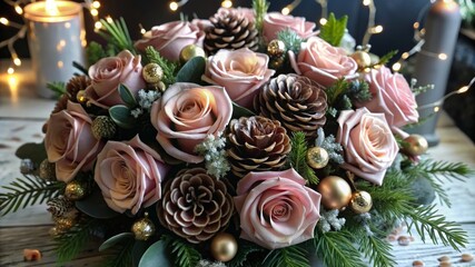 Fototapeta premium A beautiful centerpiece with blush pink roses, pine cones, and greenery, perfect for a winter wedding or holiday table setting. It symbolizes love, joy, nature, and celebration.