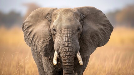 Obraz premium A large elephant is standing in a field of tall grass. The elephant is looking directly at the camera, creating a sense of curiosity and wonder. The scene evokes a feeling of awe