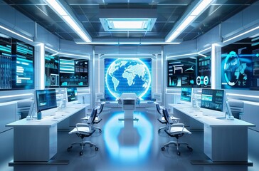 Fototapeta premium room with chairs and table A futuristic control room with multiple monito interior with computers Futuristic office with augmented reality interfaces 