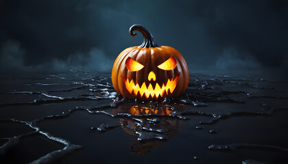 A spooky Halloween scene featuring a carved pumpkin with a menacing face, glowing orange eyes and sharp teeth.