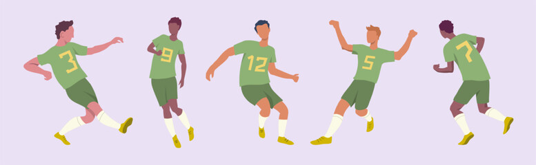 Cartoon Soccer Teams Players Characters Set in Green Uniforms Football Match Competition Concept Flat Design Style. Vector illustration