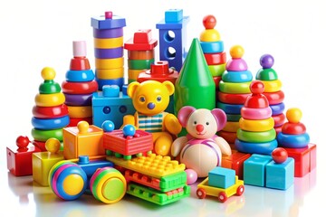 A collection of colorful and engaging toys for kids, including stacking rings, building blocks, and stuffed animals, promoting creativity, learning, and development.