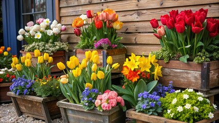 Fototapeta premium A vibrant display of spring flowers in wooden planters, showcasing tulips, daffodils, and other blooms in a variety of colors. The scene evokes a sense of beauty, growth