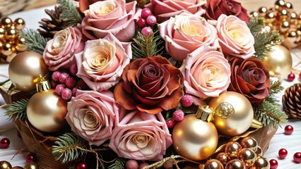 Fototapeta premium A stunning arrangement of pink and red roses adorned with golden ornaments, symbolizing love, celebration, elegance, and the festive spirit of Christmas.