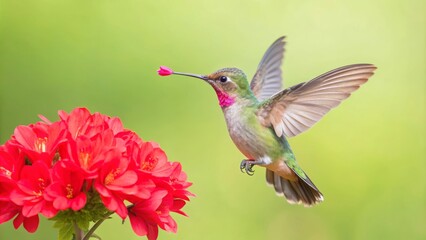 Obraz premium A vibrant hummingbird hovers in mid-air, its long beak extended to reach a delicate flower. The hummingbird's iridescent plumage shimmers in the sunlight