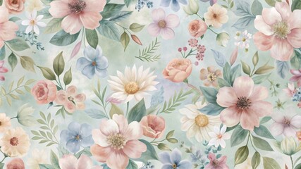 A delicate and romantic floral pattern featuring a variety of pink, white, and blue flowers on a soft mint green background, symbolizing beauty, tranquility, spring, nature, and growth.