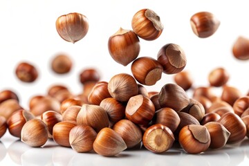 Fototapeta premium A group of fresh hazelnuts fall on a pile of nuts. The image evokes a feeling of abundance, freshness, and natural goodness.