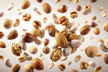 A variety of nuts and seeds are falling, representing a healthy snack, natural ingredients, energy boost, delicious taste, and wholesome goodness.