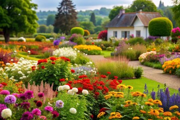 Naklejka premium A picturesque cottage garden bursting with vibrant colors, showcasing the beauty of nature's artistry. A charming white cottage nestled amidst a sea of blooming flowers