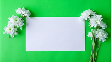 A blank white card with white flowers on a green background. The card is in the center of the image and is surrounded by white flowers, symbolizing simplicity, purity