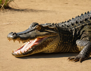Fototapeta premium Crocodile on the ground with jaws open. Close up photograph