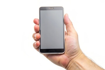 A hand holding a modern smartphone with a blank screen, isolated on a white background.  This image represents communication, technology, mobile apps, and digital content.