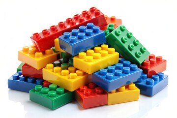 A pile of colorful plastic building blocks, symbolizing creativity, imagination, learning, fun and play.