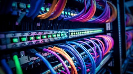 Fototapeta premium A close-up of network cables and equipment in a server rack.