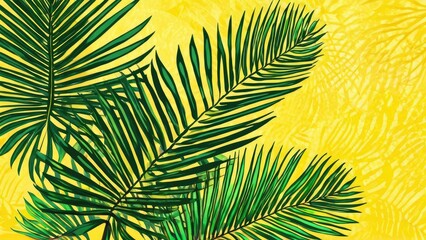 A bold contrast of green palm leaves against a vivid yellow backdrop, perfect for a summery, tropical theme