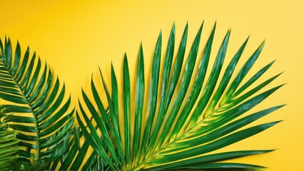 Obraz premium A bold contrast of green palm leaves against a vivid yellow backdrop, perfect for a summery, tropical theme