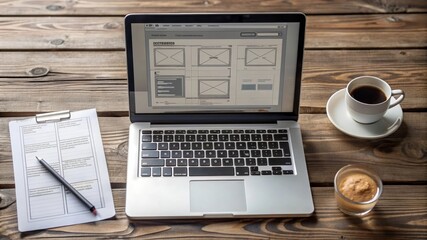 A web designer is working on a laptop, with a coffee and sketchpad on a wooden table. The image represents creativity, productivity, and design.